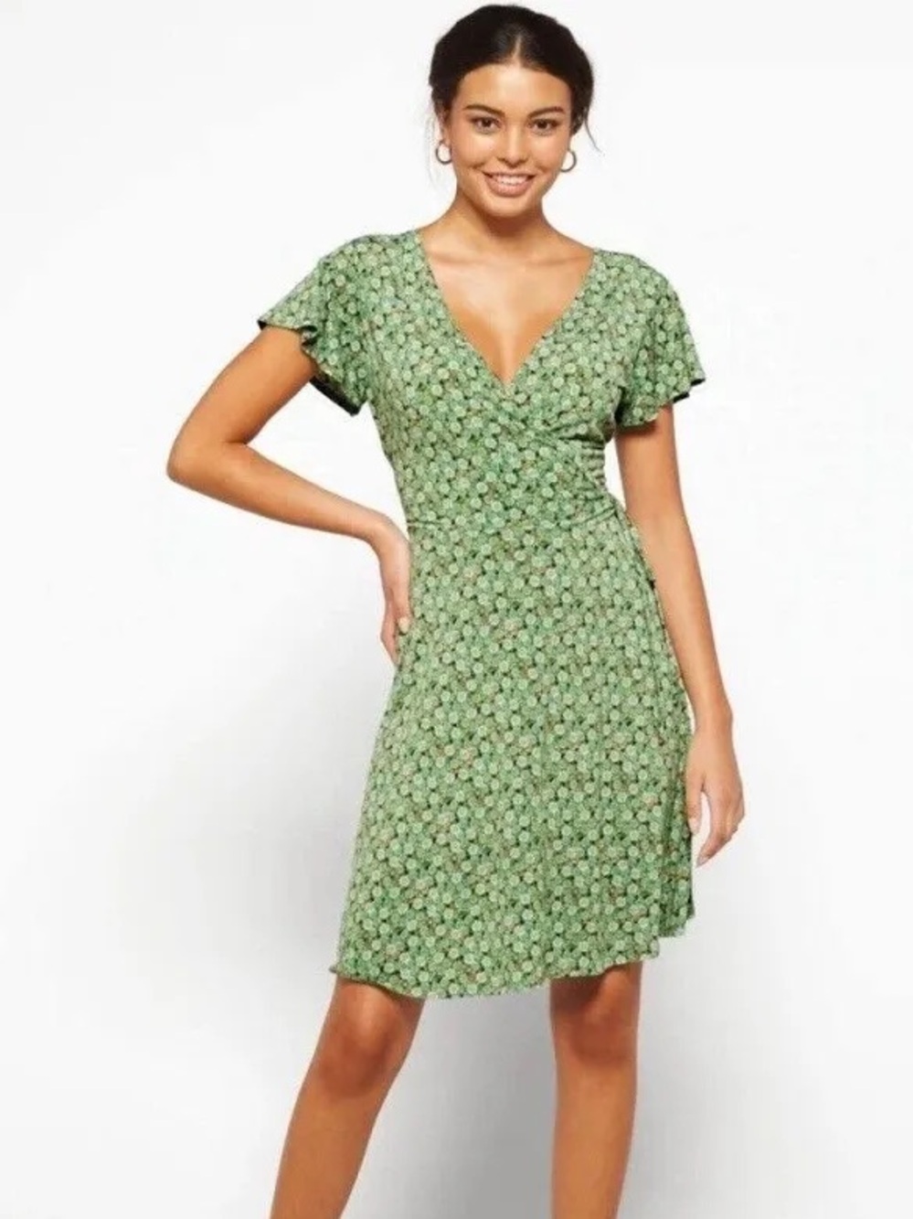 Stitch Fix Kaileigh Floral Olive Green Wrap-Style Women's Dress S